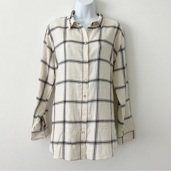 H & M Womens Cream & Black Checkered Flannel Button Down Shirt Size 14 - Picture 1 of 7